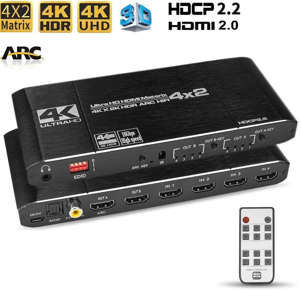 HDMI-2.0 Matrix 4X2 med lyd optiske toslink HDR HDMI ARC 4X2 matrix Switcher Splitter 4K/60Hz HDMI 4 i 2 ud 5