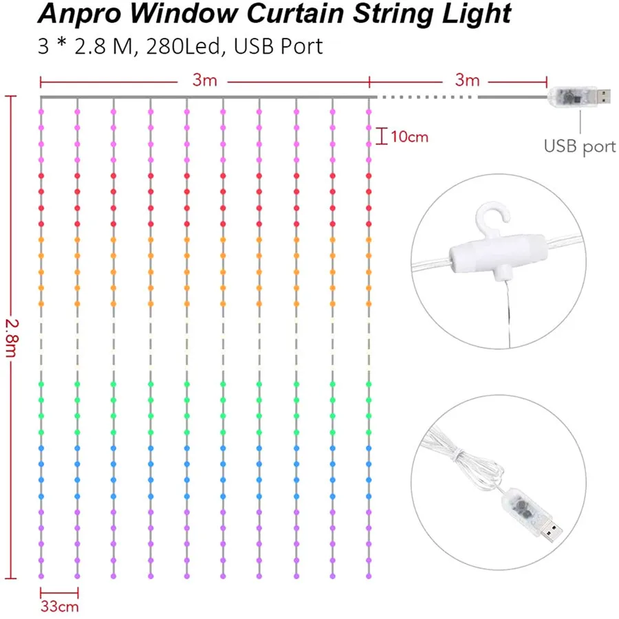 3X2.8M LED-Jul Krans kulørte Lamper String Lys for Gardiner/Home/Soveværelse Dekoration Udendørs Lys Ferie Lys 5