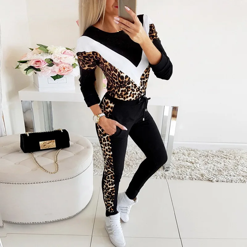 Høj Kvalitet Kvinder 2 Stykke Udstyr Leopard Print, Lange Ærmer Pullover, Sweatshirts Og Bukser Set-Top Og Pants Træningsdragt Kvinder 5