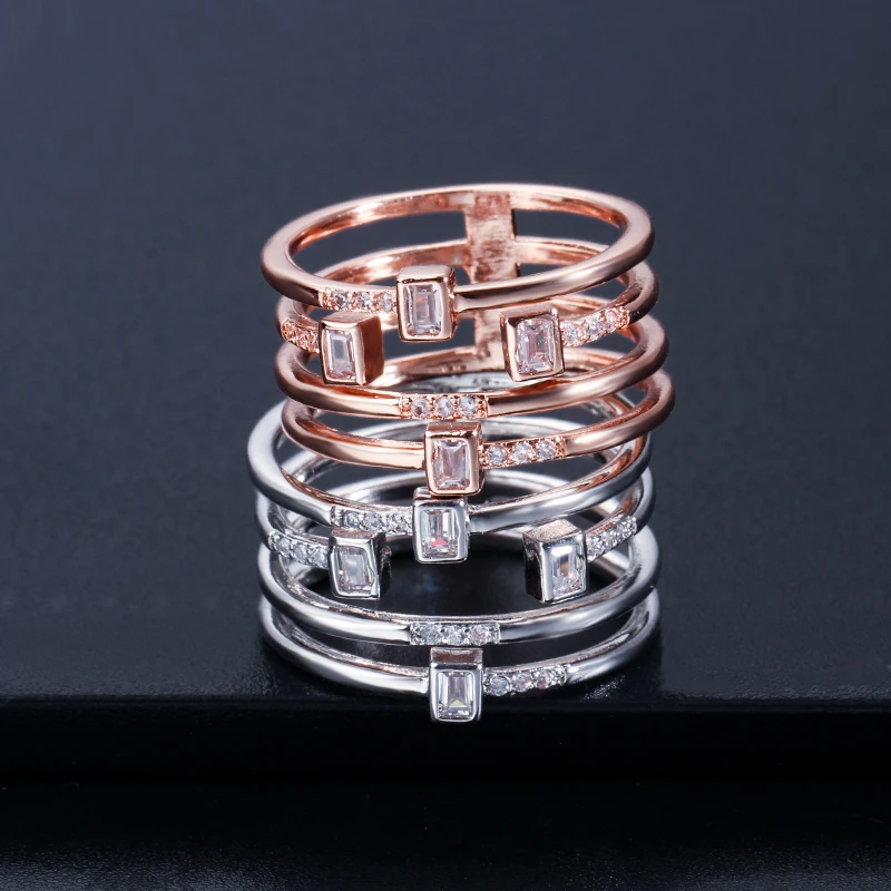 Threegraces Fashion Damer Finger Ringe, Multi-Lag-Pladsen Cubic Zirconia Sølv Farve Hule Store Ring for Kvinder Smykker RG079 5