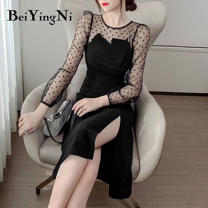 Beiyingni 2020 Efteråret Nye Mode Patchwork langærmet Dame Kjole Sexet Split Elegante Kjoler koreanske Romantik Part Vestidos OL 5