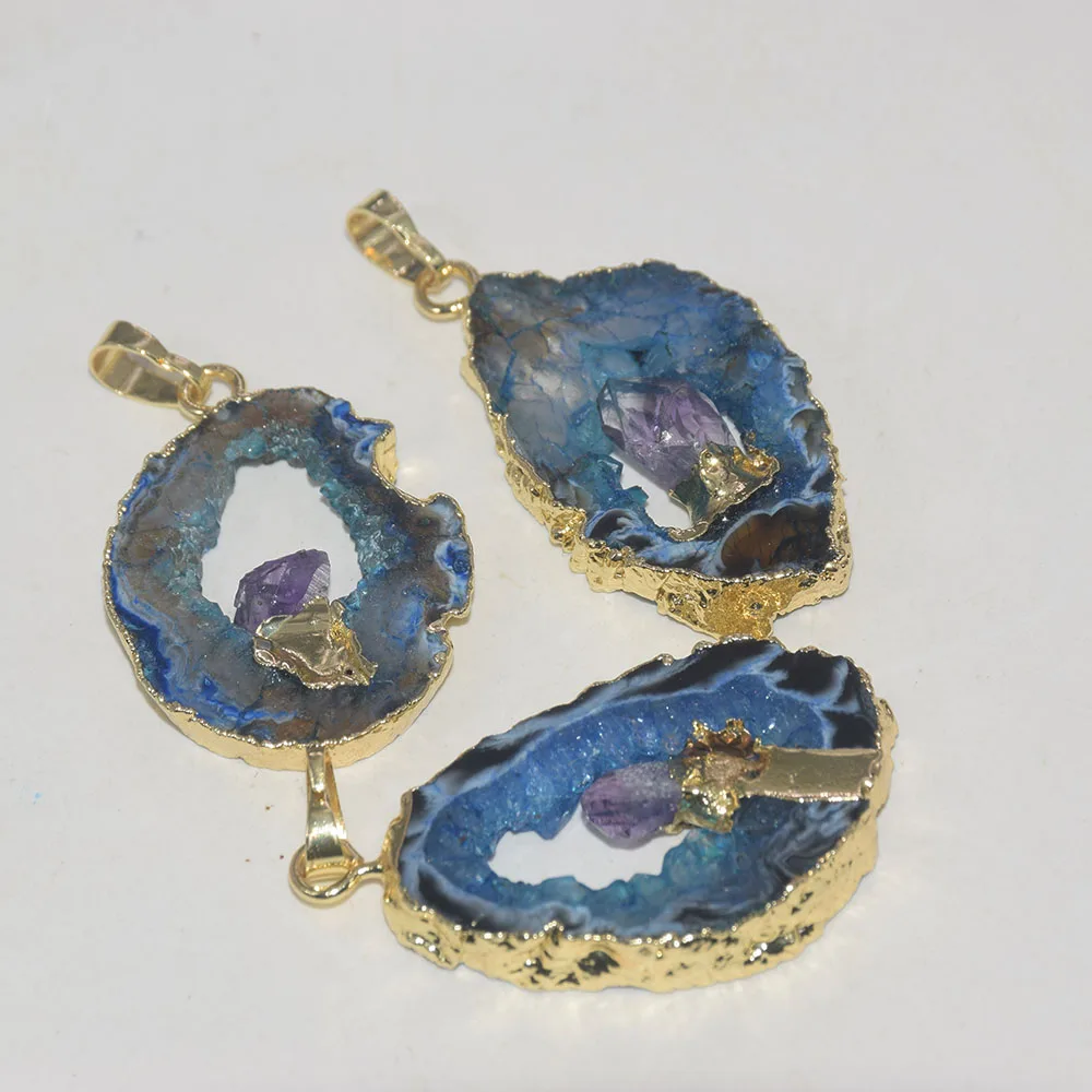 Naturlige Skive Blå Sten vedhæng til smykker at gøre kvinder 2020 Guld Plating Druzy Amulet store Uregelmæssige sten punkt perle hjerte 5