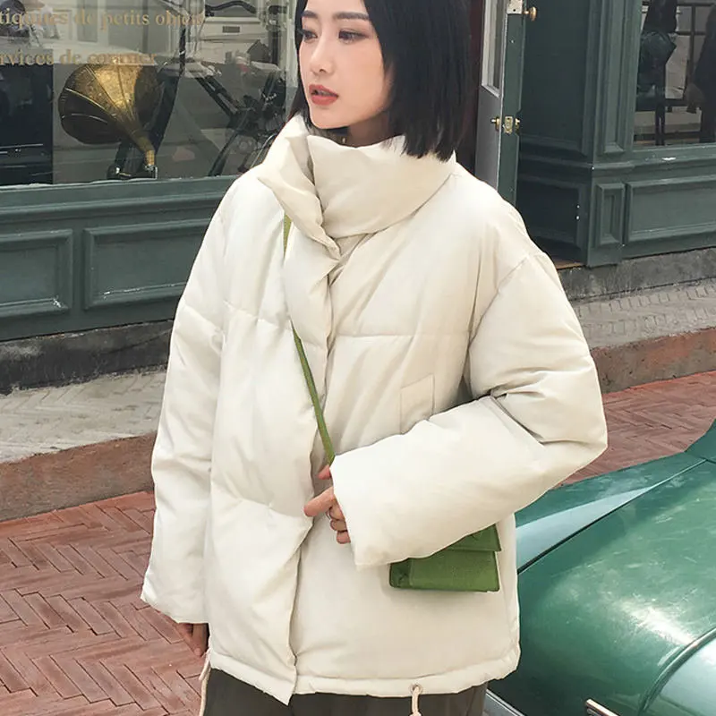 Koreansk Stil Kvinders Vinter Jakke Overdimensionerede Solid Kvindelige Kold Pels Løs Stå Krave Bomuld Polstret Tyk Varm Parkacoats Kvinde 5