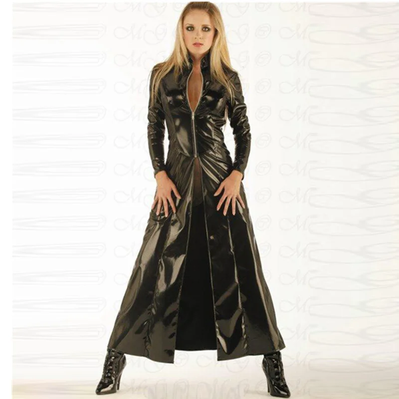 Mode sexet plus size vinyl clubwear balck pvc imiteret læder lange ærmer gotiske lang frakke for mænd, kvinder PU læder trench coat 5