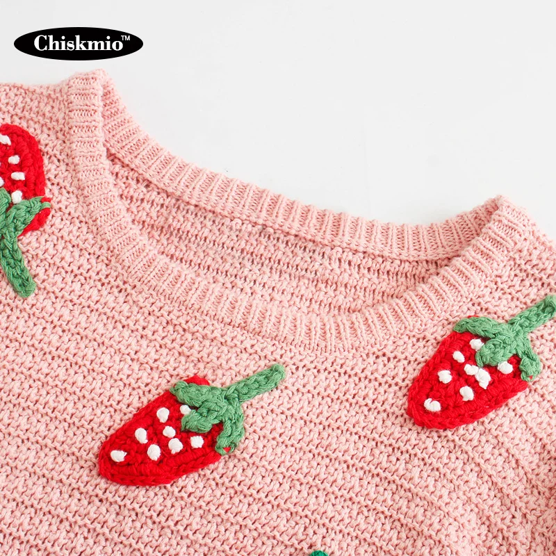 Chiskmio Jordbær Pink Sweater Kvinder At Strikke Toppe Løs O-Neck Pullover, Med Ni Point Med Lange Ærmer Strik Kvinder Sødt Tøj 5