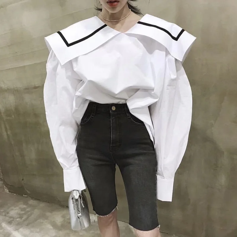 2020 Bluser Forår, Efterår Lange Puff Ærmer Hvid Matros Krave Løs Plus Size Bluse Koreansk Modetøj Casual Kvinde Shirt 5