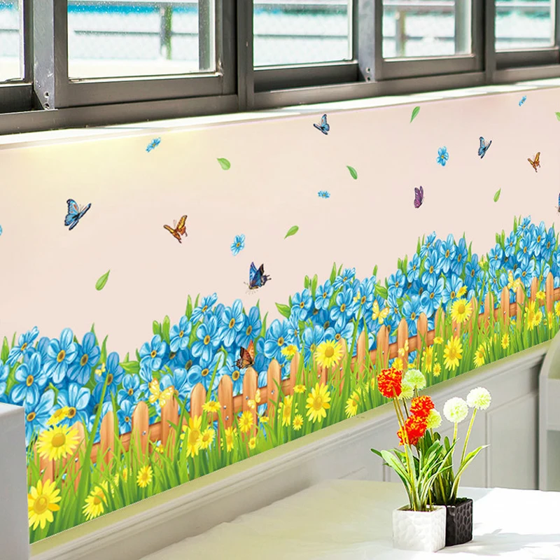 Forår Blomster Butterfly Hegn Fodpaneler Kant Dekoration Decals PVC Aftagelig Vandtæt Vinyl Vægmaleri Wall Stickers Hjem Indretning 5