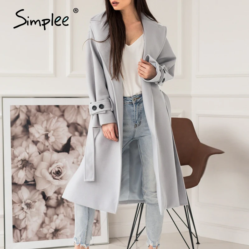 Simplee Elegant lys grå efterår og vinter kvindelige lang frakke Kontor damer uld blanding frakke Kausale lomme mode frakke jakke 5