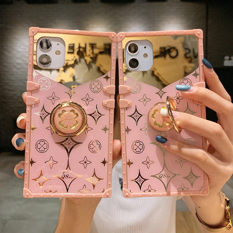Luksus-Pladsen Søde Kløver Pink Phone Case For iPhone-11 Pro Max 12 Mini X XS-XR 7 8 Plus-Blød Silikone Spejl Dække Ring Holder 5
