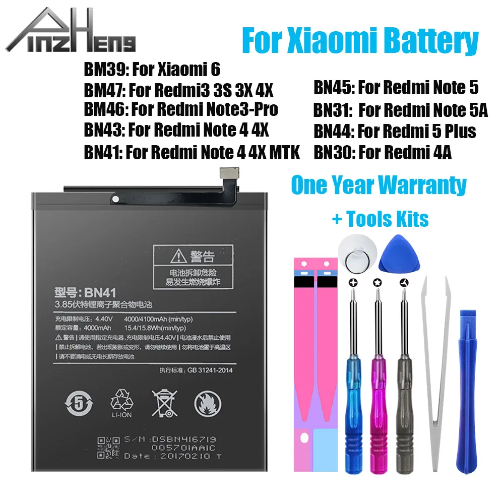 PINZHENG Mobiltelefon Batteri BM47 For Xiaomi Redmi 3 3S 3X 4X 4A 5 Plus BN41 For Xiaomi Redmi Bemærk 3Pro 4 4X 5 5A 6 Batteri 5