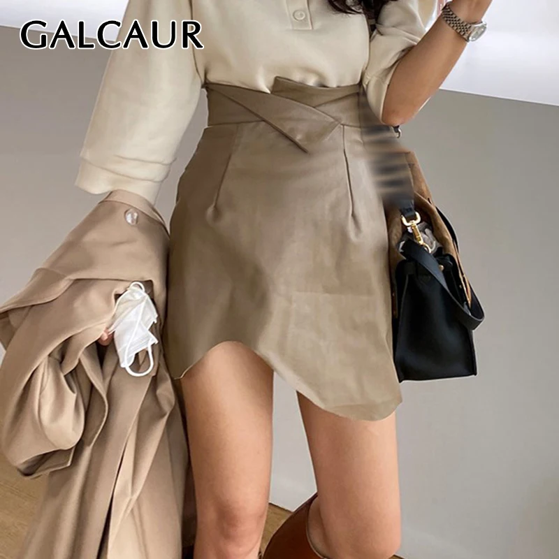 GALCAUR koreanske Pu Nederdel For Kvinder med Høj Talje Tunika Ruched Asymmetrisk Hem En Line Mini-Bodycon Nederdel Kvindelige 2020 Mode Stil 5