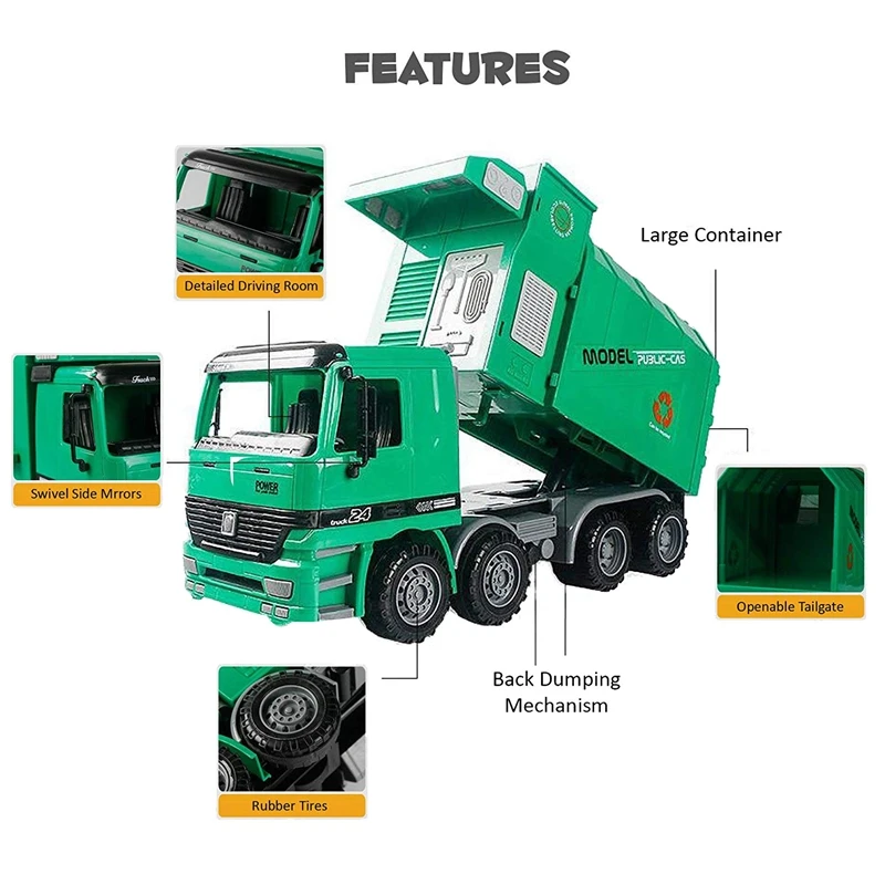 14 Tommer Friktion Drevet Garbage Truck Toy,med 3 skraldespande,kræver Ikke Batteri,En God Gave til Børn 5