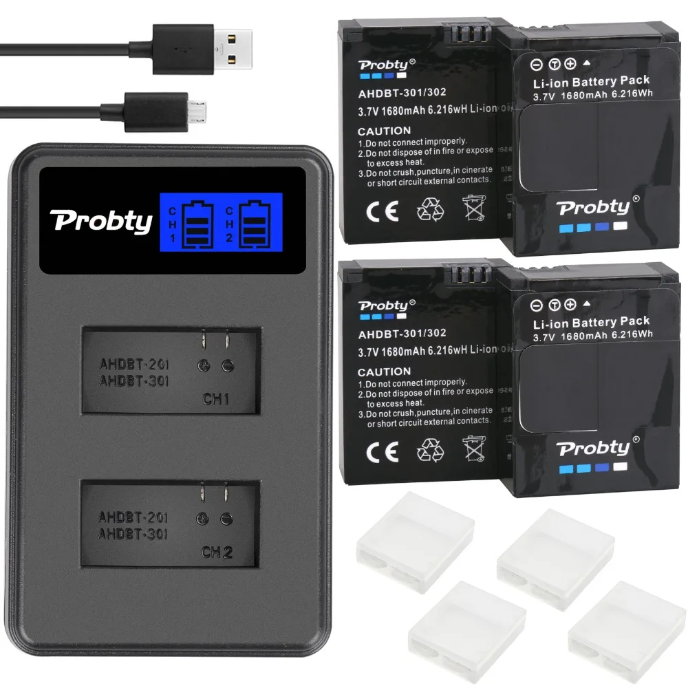 PROBTY 4stk 1600mAh AHDBT-301 GoPro Hero3 Batteri + LCD-Dobbelt Oplader Til GoPro Hero 3 Hero 3+ Kamera Tilbehør 5