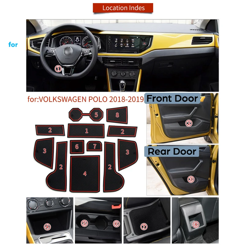 Anti-Slip Gummi Gate Slot Cup Mat for Volkswagen VW POLO 2018 2019 2020 MK6 Døren Groove Mat Pude Tilbehør Bil Klistermærker 5