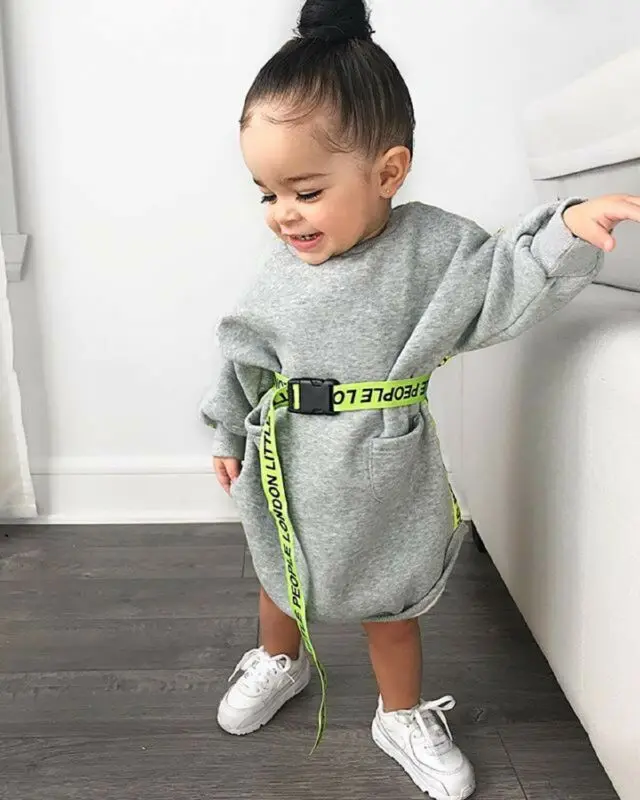 2019 Fashion Baby Pige med efteråret Tøj med Lange Ærmer Sport Kjole med bælte Buksetrold Barn casual grå Pullover Kjoler 5