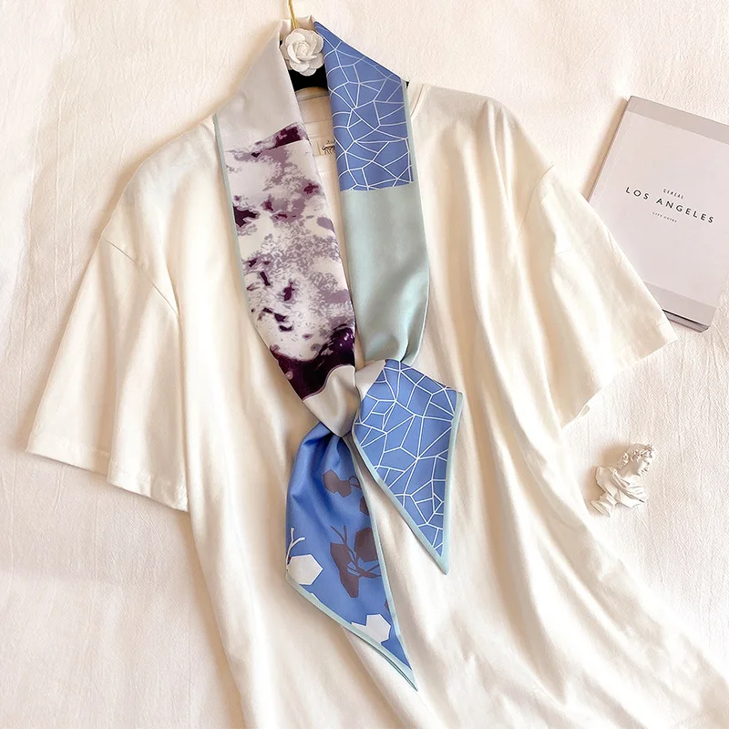 Bag Tørklæde Kvinder, Tynde Silke Tørklæde 2020 Ny Luksus Brand Bag Tørklæde Til Kvinder Geometri Blomster Print Hoved Tørklæde Lange Håndtag 5
