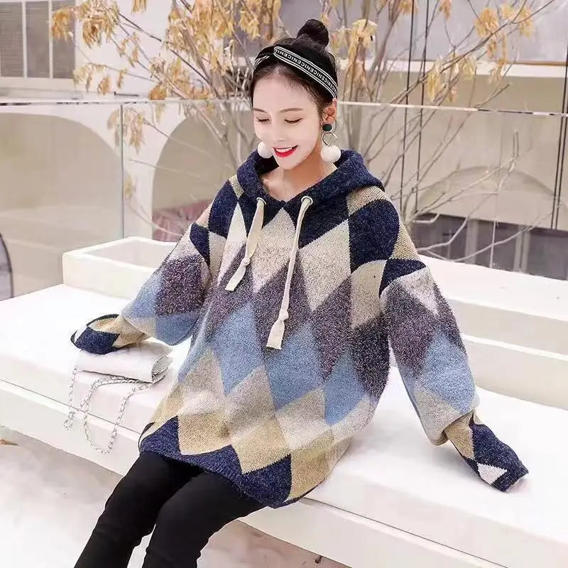 Løs Argyle Hat Pullover Sweater Woomen 2020 Foråret Lange Ærmer Studerende Strikket Sweater Kvinder 5
