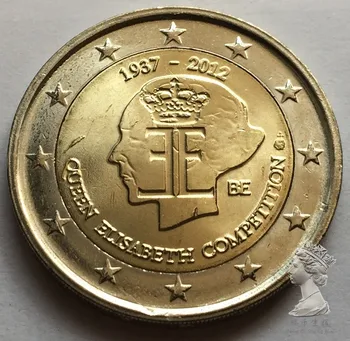 75 års Jubilæum Dronning Elizabeth Musik i Belgien, 2012 2 Euro, Ægte, Oprindelige Valuta mønter Mønter Unc 31749