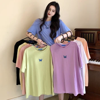 8 farver sommer koreansk stil 2020 sommerfugl broderi kort ærme løs t-shirts dame t-shirt femme kvinder toppe (C2355) 0