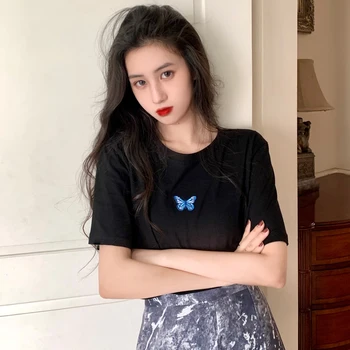 8 farver sommer koreansk stil 2020 sommerfugl broderi kort ærme løs t-shirts dame t-shirt femme kvinder toppe (C2355) 1
