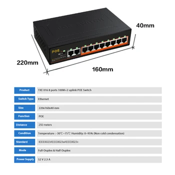 8 Port POE+2Uplink Fast Ethernet Swither 10-Port POE Switch100 Mbps Med Intern Strømforsyning VLAN-Managed Switch Fuld-Dupleks 3