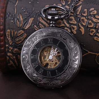 8919 Klassisk sort steampunk skelet mekaniske lommeur mænds antikke luksus pocket watch kæde mænd ur 17470