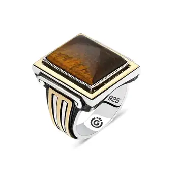 925 Sterling Sølv Ring For At Man Rigtig Ren Turkis, Agat Tiger Eye Amber Zircon Sten, Lapis Håndlavede Tyrkiske Smykker 0