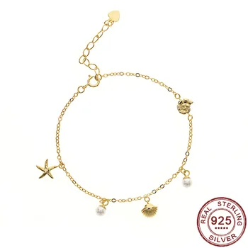 925 Sterling Sølv Shell Søstjerner Pearl Conch Ocean Element Charme Armbånd Hånd Smykker til Kvinder Guld Farve Tilbehør 1420