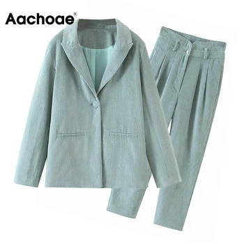 Aachoae Solid Elegant 2-Delt Sæt Kvinder Hak Hals Fløjlsbukser Blazer+Plisserede Lang Længde Harem Bukser Passer Garnitur Damski 0