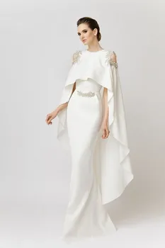 Abendkleider 2020 Elegante Hvide Lange Aften Kjoler Med Sjal Satin Beaded arabisk Havfrue Formel Kjole vestidos de festa 0