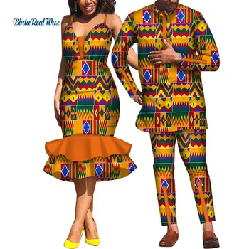 Afrikanske Kjoler til Kvinder Bazin Herre Skjorte og Bukser Sæt Elsker Par Tøj Print Slynge Kjole Afrikansk Design Tøj WYQ532 0