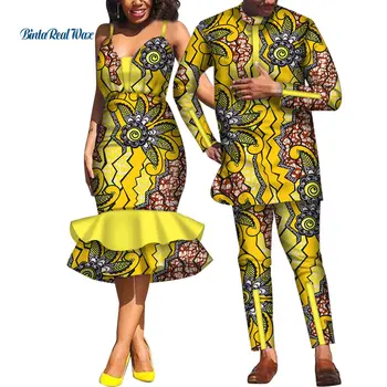 Afrikanske Kjoler til Kvinder Bazin Herre Skjorte og Bukser Sæt Elsker Par Tøj Print Slynge Kjole Afrikansk Design Tøj WYQ532 3