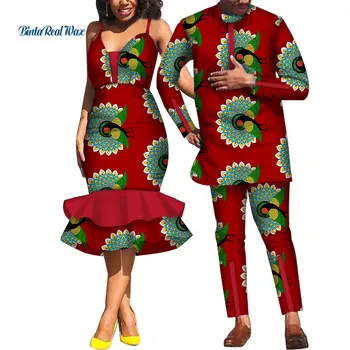 Afrikanske Kjoler til Kvinder Bazin Herre Skjorte og Bukser Sæt Elsker Par Tøj Print Slynge Kjole Afrikansk Design Tøj WYQ532 5