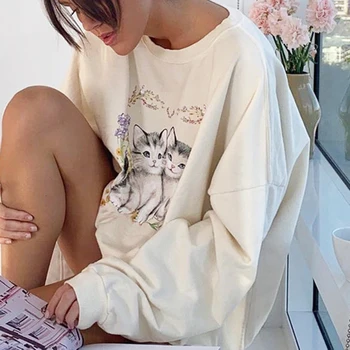 Afslappet Oversize Damer Sweatshirt Koreansk Mode Tøj Hjem Kat Tegnefilm Mønster Sød Langærmet Pullover Efteråret 5