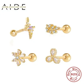 AIDE 1 Pc Søde Mini Stud Øreringe Til Kvinder Mode Lyn/Blad/Blomst Piercing 925 Sterling Sølv Earings Smykker kolczyki 4