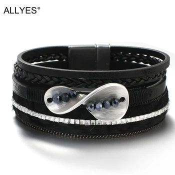 ALLYES Sort Læder Flettet Armbånd til Kvinder dyrehår Udskriver Krystal Kæde Mulitlayer Wrap Infinity Armbånd Smykker 1