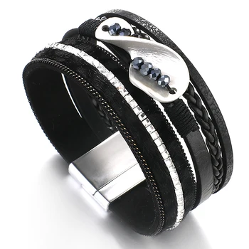 ALLYES Sort Læder Flettet Armbånd til Kvinder dyrehår Udskriver Krystal Kæde Mulitlayer Wrap Infinity Armbånd Smykker 4