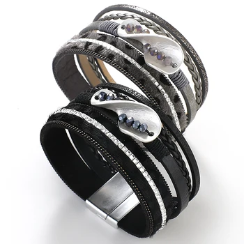 ALLYES Sort Læder Flettet Armbånd til Kvinder dyrehår Udskriver Krystal Kæde Mulitlayer Wrap Infinity Armbånd Smykker 5