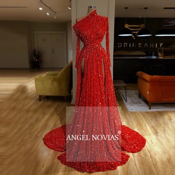 ANGEL NOVIAS Lange Røde Luksus Palliet Kjole til Aften i 2020 Ene Skulder arabisk Dubai Formelle Aften Kjoler 8843