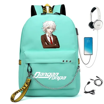Anime Danganronpa: Trigger Happy Kæde Rygsæk Til Kvinder USB Charge Lærred Studerende Rygsæk Til Teenagere, Drenge, Piger i Skole Taske 0