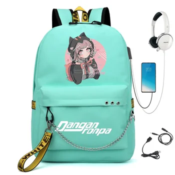 Anime Danganronpa: Trigger Happy Kæde Rygsæk Til Kvinder USB Charge Lærred Studerende Rygsæk Til Teenagere, Drenge, Piger i Skole Taske 3