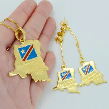 Anniyo Demokratiske Republik Congo Kort Halskæde Øreringe Guld Farve demokratiske republik CONGO Vedhæng Congo Smykker Til Kvinder Girl #046611 2