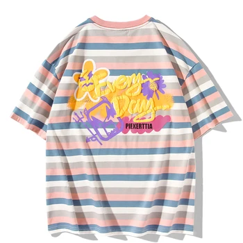 Aolamegs T-Shirt Mænd Harajuku Blomst Farverige Stribet Print T-Shirt Kort Ærme College Stil Par Toppe Tee Sommeren Streetwear 2