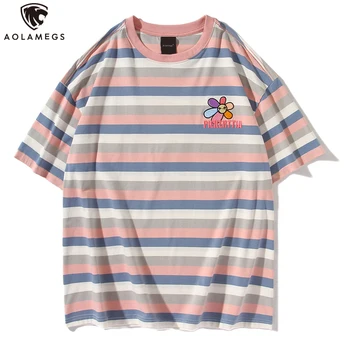 Aolamegs T-Shirt Mænd Harajuku Blomst Farverige Stribet Print T-Shirt Kort Ærme College Stil Par Toppe Tee Sommeren Streetwear 3
