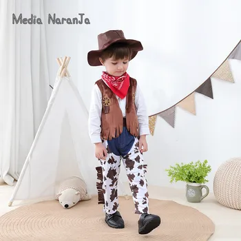 Baby drenge pige unsiex cowboy kostume børn ydeevne ferie begivenhed tøj, hat+tørklæde+vest +bukser 11778