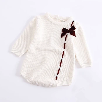 Baby piger strikket sparkedragt med lange ærmer sløjfeknude søde baby-solid hvid pink farve baby jumpsuit boutique spædbarn kostume