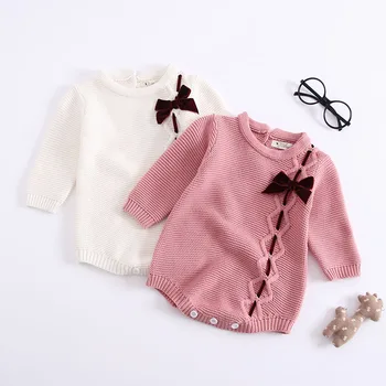 Baby piger strikket sparkedragt med lange ærmer sløjfeknude søde baby-solid hvid pink farve baby jumpsuit boutique spædbarn kostume 1