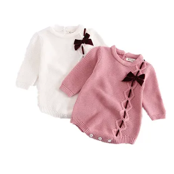 Baby piger strikket sparkedragt med lange ærmer sløjfeknude søde baby-solid hvid pink farve baby jumpsuit boutique spædbarn kostume 2