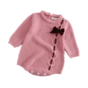 Baby piger strikket sparkedragt med lange ærmer sløjfeknude søde baby-solid hvid pink farve baby jumpsuit boutique spædbarn kostume 3