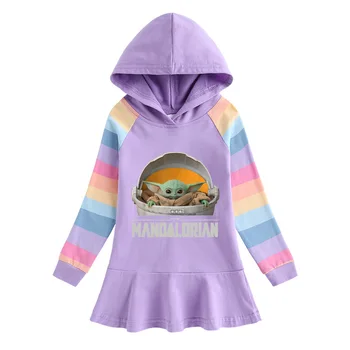 Baby Yoda opgav designet piger bomuld kjole med lange ærmer tegnefilm rainbow hooded sweater kjole barn Party kjoler 0